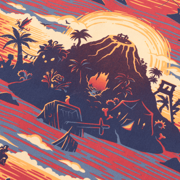 A closeup of the Ginger Island Resort button-up showing the pattern—an island with someone fishing off one side, a shipwreck in the center, and a tent on the other side, with a sunset behind it.