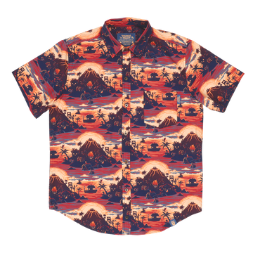 A short-sleeve button-up Stardew Valley shirt with a repeating Ginger Island pattern in sunset colors—bronze, orange, red. It has a chest pocket.