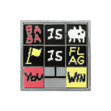 A closeup of Baba Is Pin showing that it's a real sliding block puzzle. Starting at the top left, the squares currently read BABA, IS, (Baba), (Flag), IS, FLAG, YOU, blank, WIN.