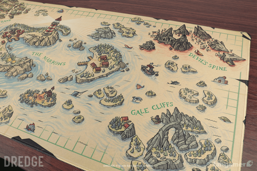 An official DREDGE desk mat photographed at an angle. It's designed to look like a tattered map of a string of islands and islets, and the legends
