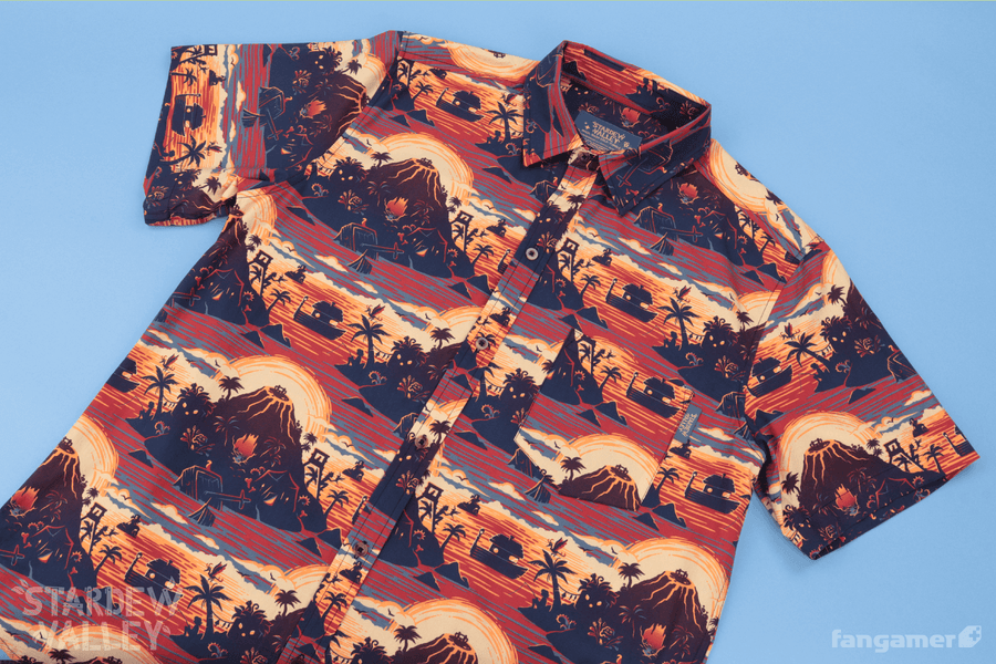 A short-sleeve button-up Stardew Valley shirt with a repeating Ginger Island pattern in sunset colors—bronze, orange, red. It's photographed against a light blue background.  - Ginger Island Resort Button Up Shirt - Stardew Valley