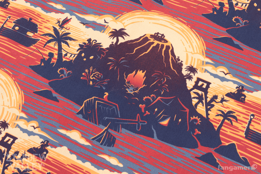 A closeup of the Ginger Island Resort button-up showing the pattern—an island with someone fishing off one side, a shipwreck in the center, and a tent on the other side, with a sunset behind it.  - Ginger Island Resort Button Up Shirt - Stardew Valley