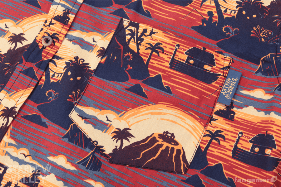 A closeup of the Ginger Island Resort button-up shirt, showing the Stardew Valley tag on the left edge of the chest pocket. The pattern restarts on the placket and the pocket.  - Ginger Island Resort Button Up Shirt - Stardew Valley