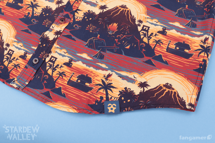 A closeup of the Ginger Island Resort button-up shirt, showing a small Stardrop tag sewn onto the bottom of the shirt on the left side.  - Ginger Island Resort Button Up Shirt - Stardew Valley