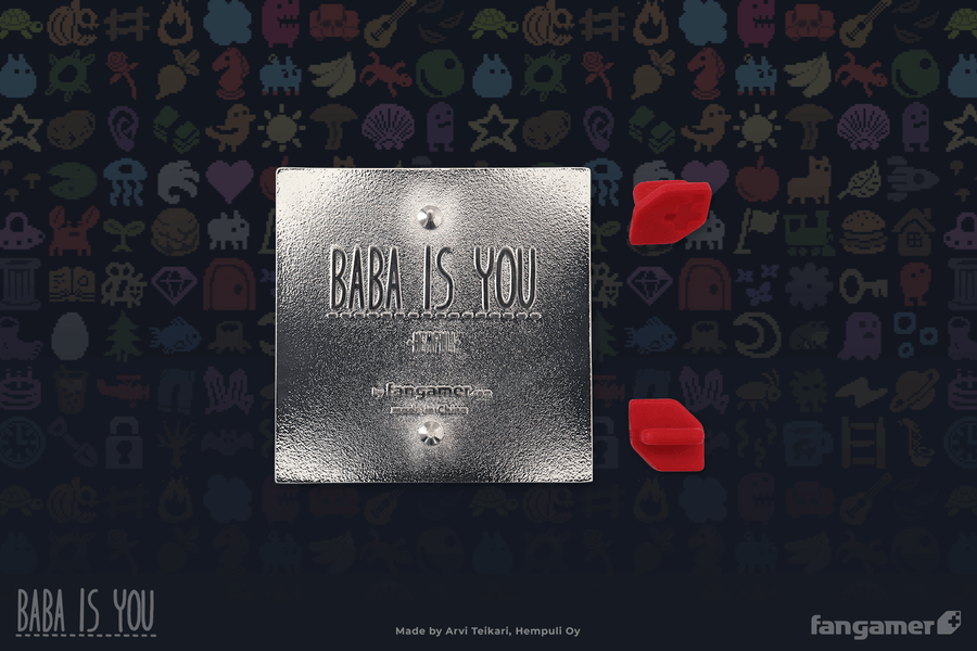 The back of Baba Is Pin against a pattern of Baba Is You sprites. It attaches with two spurs, aligned vertically. - Baba Is Pin - Baba Is You