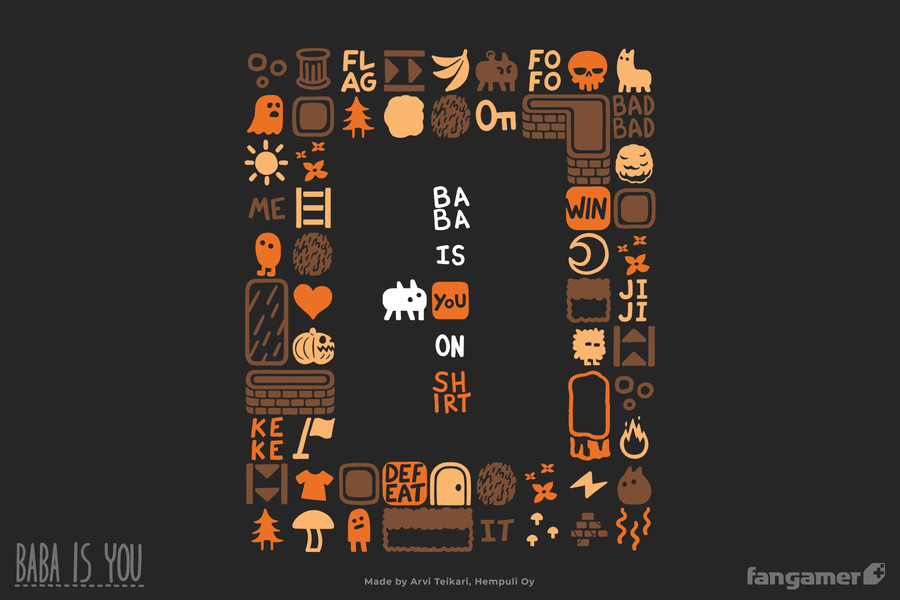 The Baba Is Shirt t-shirt design, featuring autumnal orange and brown images from the game as Baba prepares to push aside the You in a set of tiles reading 