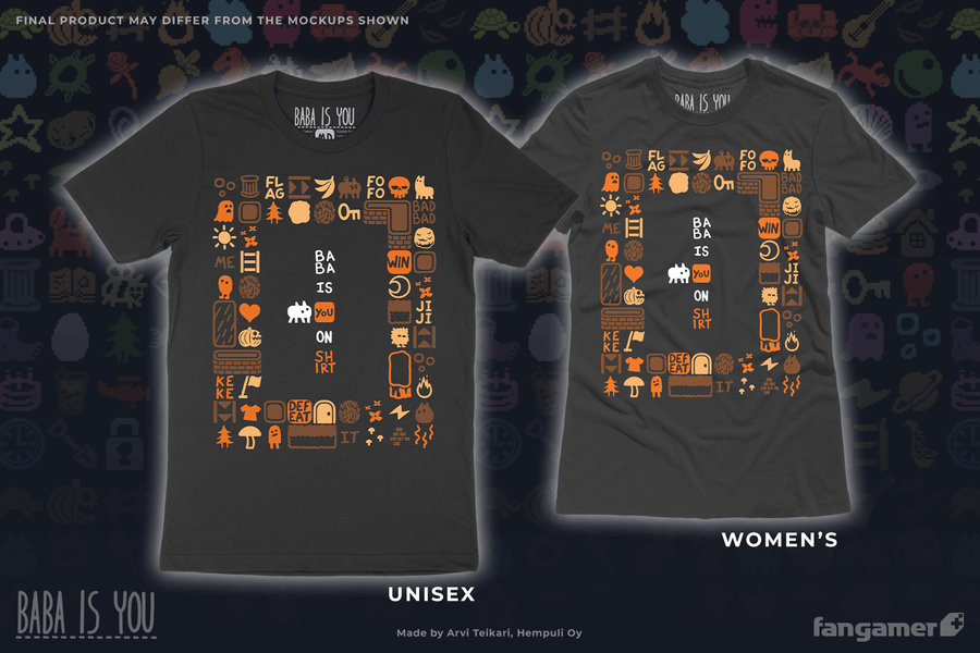 A mockup of the Baba Is Shirt t-shirt, featuring autumnal orange and brown images from the game as Baba prepares to push aside the You in a set of tiles reading 